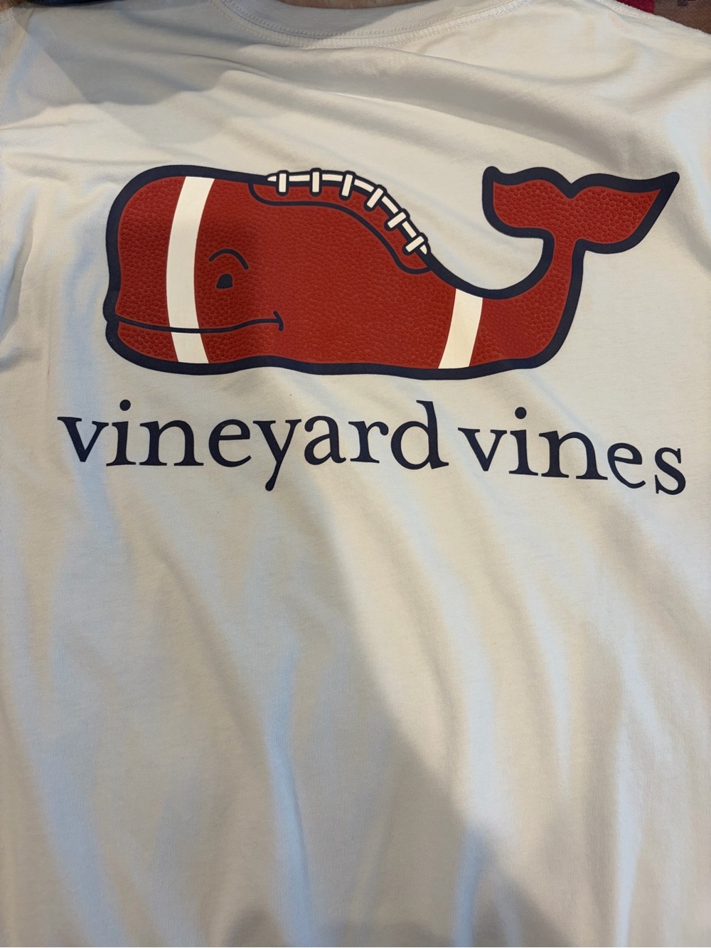 Vineyard Vines White Tee with Red Football Whale Graphic